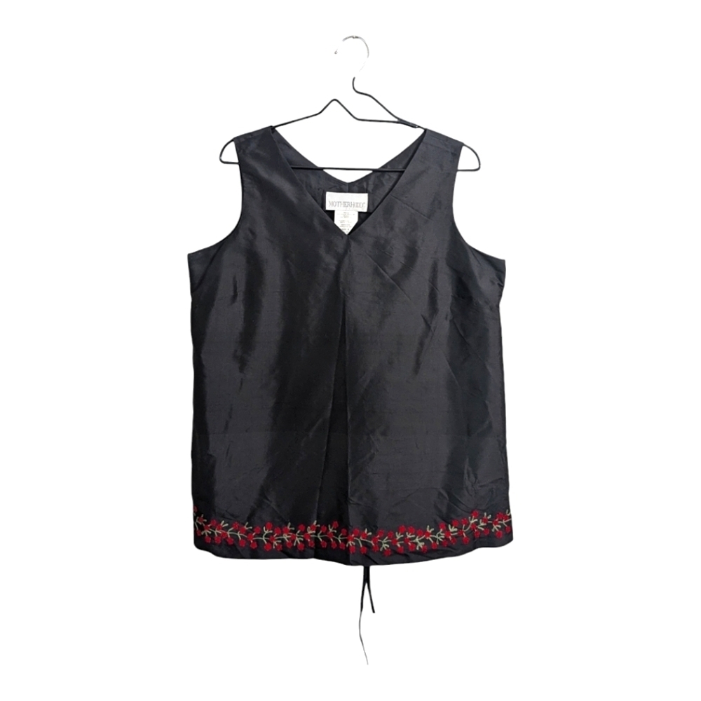 Motherhood Maternity 100% Silk Black Top Blouse Sleeveless Floral Embroidery M